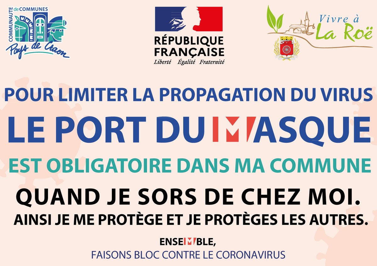 Gaetanchadelaud's tweet photo. Info Covid : Le @Prefet53  vient de nous contacter à l'instant. Le port du masque devient obligatoire sur tout le périmètre de la #CommunautédeCommunesduPaysdeCraon La communication est en oeuvre pour que les communes puissent relayer le message @lamayenne  #covid19 https://t.co/fTulub0dNz