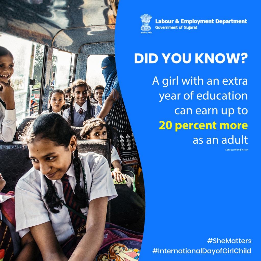 “A girl with an extra year of education can earn upto 20% more as an adult”

#LabourAndEmployment #Gujarat #InternationalDayOfTheGirlChild