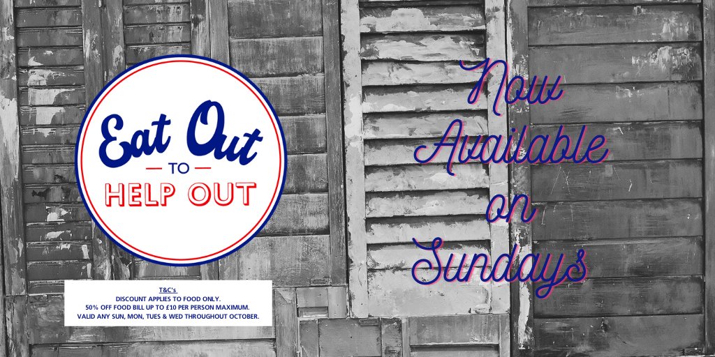 Eat Out to Help Out now available on Sundays! Up to £10 per person off FOOD! #eatouttohelpout