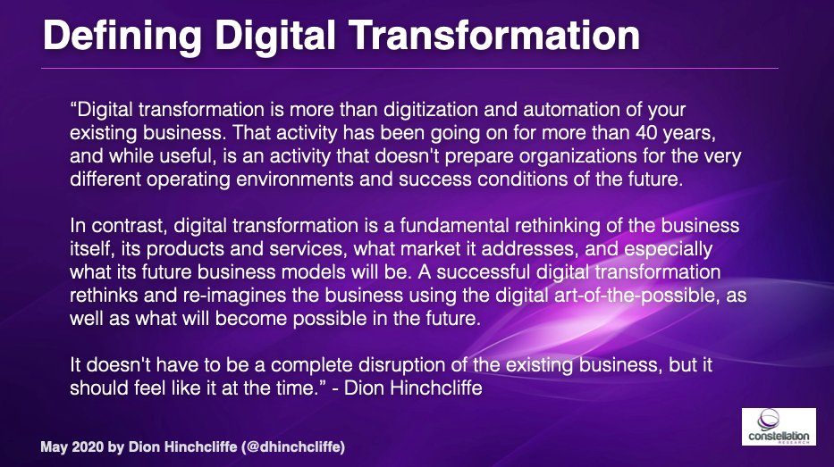 dhinchcliffe's tweet image. My most up-to-date definition of #digitaltransformation emphasizes going well beyond #automation to the fundamental re-invention of disruptive new products and services connected to the digital realm, using new #businessmodels.

#innovation #disruption #ceo #cio #cdo