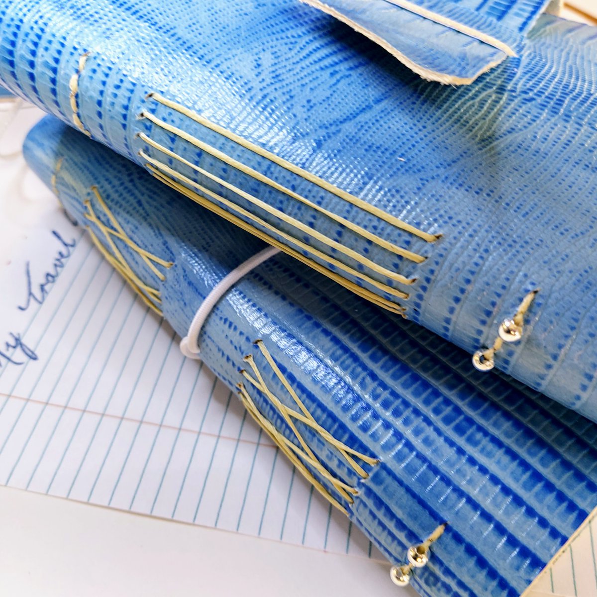 bespokebindery1's tweet photo. Blue Crocodile textured print leather travel journal, loop closure, personalised journal - envelope pockets &amp; journaling extras https://t.co/EWergEM5Le https://t.co/S6lRxvLOYp