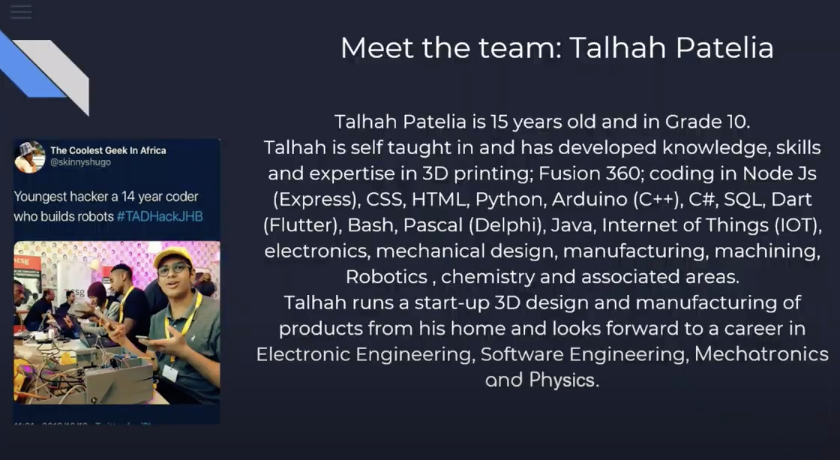 Geekulcha's tweet photo. The first team to present is #TeamNimble composed of 15-year-old Talhah Patelia and his mother #TADHackZA https://t.co/57QncOZgwv