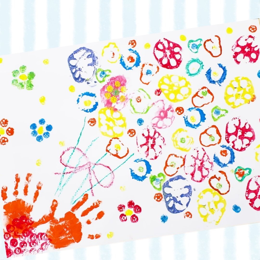 保育士のおもちゃ屋さん 5歳児の作品 野菜スタンプ 手形アート で 花束 を描きました 野菜の断面がお花みたい と盛り上がっていました 県内の展示会にも飾ってもらい 自信に繋がったようです 知育玩具 手袋シアター はこちら 保育士 の