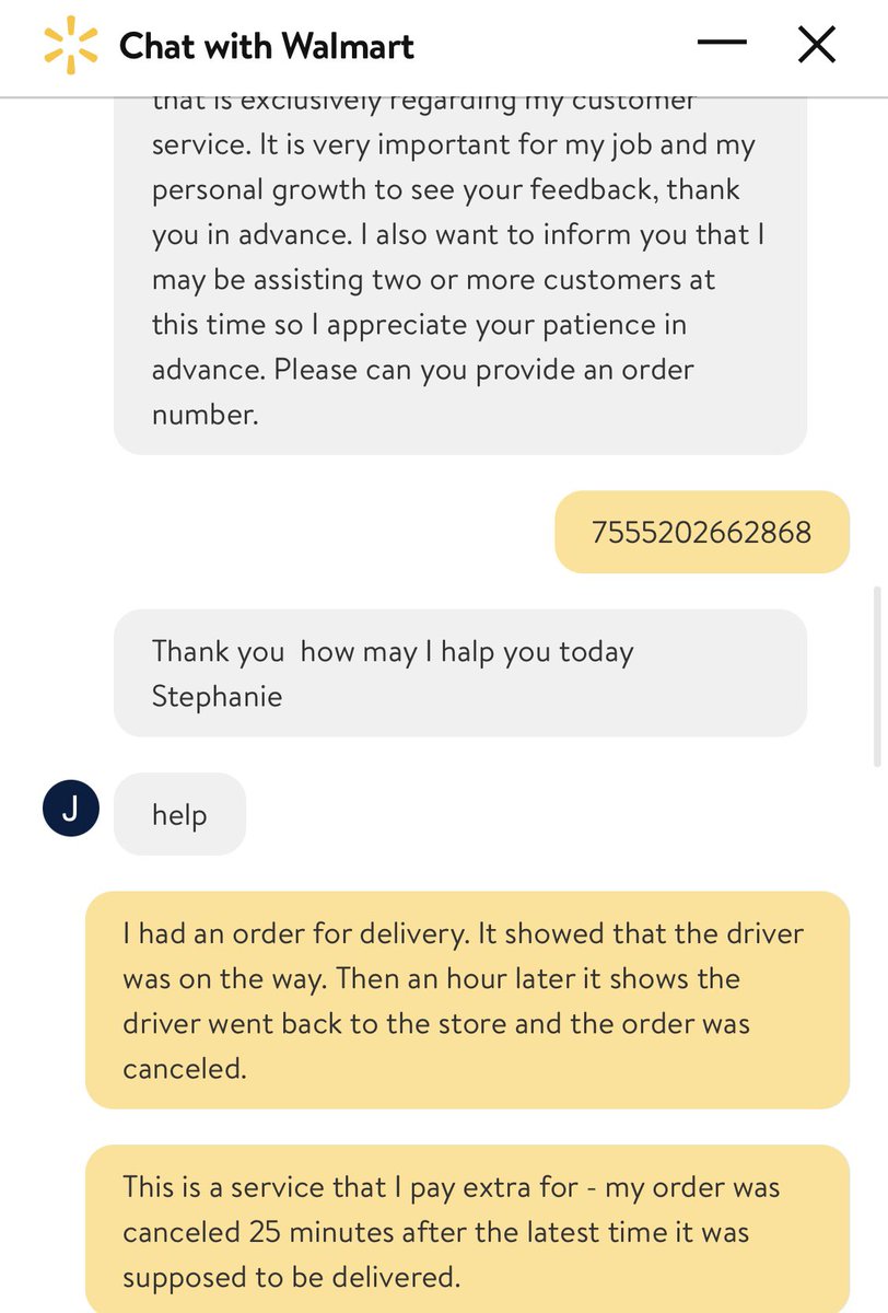 mamasas's tweet photo. @walmarthelp Tried to get some answers as to why my order was canceled. Your CSA was no help! This is unacceptable for a service that I pay for!! https://t.co/1OK34ZNUYC