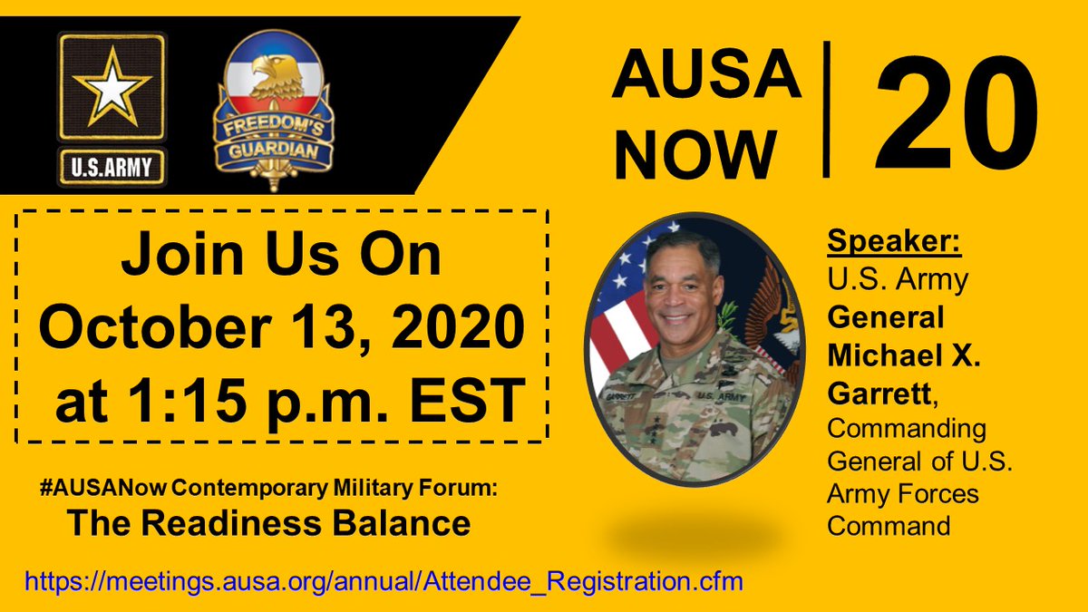 USArmyWHC's tweet photo. #AUSANow: @USArmy #FORSCOM to host #ReadinessBalance panel discussion Oct. 13 at 1:15 p.m. EST at @AUSAorg's #AUSA2020 | Register at➡️ https://t.co/3a3sIbu9Bm | #ArmyReadiness, #USArmy, #Soldiers, #ArmyTeam, #ReadyNow🇺🇸 https://t.co/3iRwN3CKF3