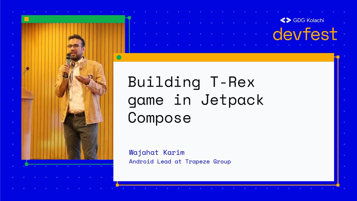 GDGKolachi's tweet photo. Build a T-Rex game in Jetpack Compose with @WajahatKarim at #DevFest2020
Join us at https://t.co/Qrebl48Fu8 on October 18th, 2020 from 3:00 PM to 6:00 PM Pakistan Time
#DevFest #DevFestKHI #GDGKolachi https://t.co/x4AL9NyTrw