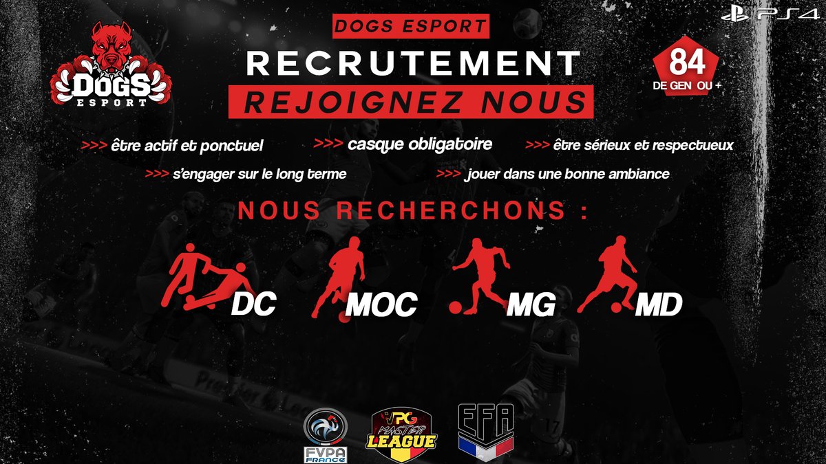 Les Dogs recrute 
A savoir :
▶ Dispositif : 3-5-2 / 4-3-3
▶ Session du dimanche au jeudi de 20:50 à 23:00
notre serveur discord :
discord.gg/s7qsRz2