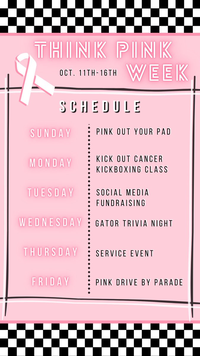 Here is our Think Pink Week 2020 schedule!! Although some things are going to look a little different this year, we are so beyond excited to still be able to raise money for our philanthropy and make a difference💓