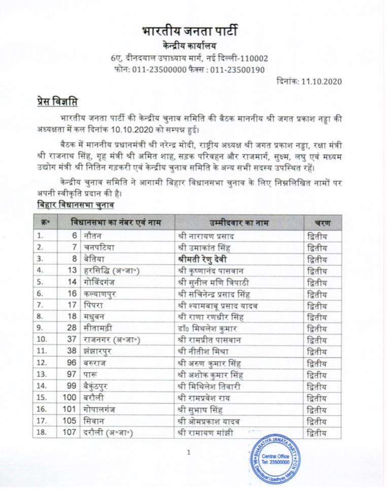 BJP4Bihar's tweet image. केंद्रीय चुनाव समिति, भाजपा ने बिहार विधानसभा चुनाव के लिए निम्नांकित उम्मीदवारों की सूची जारी की है। 

हमारी शुभकामनाएं! विजयी भव!!