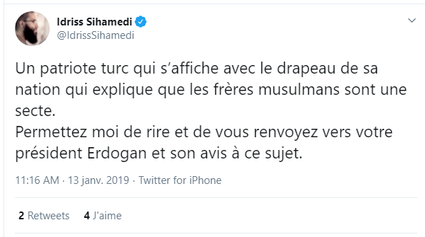 5/En 2019,  @IdrissSihamedi, dans un échange discret sur Twitter apportait son soutien aux Frères Musulmans et reconnaissait à  @RTErdogan le rôle de "commandeur des croyants" comme l'avait fait Qaradawi en le désignant calife dès 2014