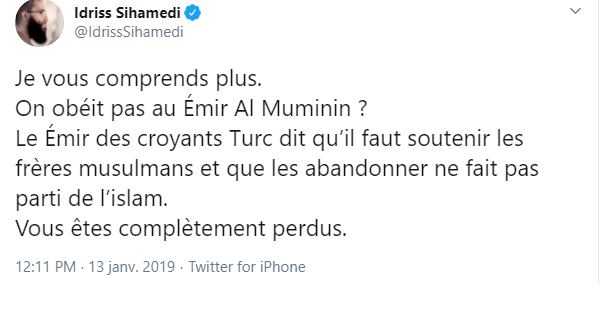 5/En 2019,  @IdrissSihamedi, dans un échange discret sur Twitter apportait son soutien aux Frères Musulmans et reconnaissait à  @RTErdogan le rôle de "commandeur des croyants" comme l'avait fait Qaradawi en le désignant calife dès 2014