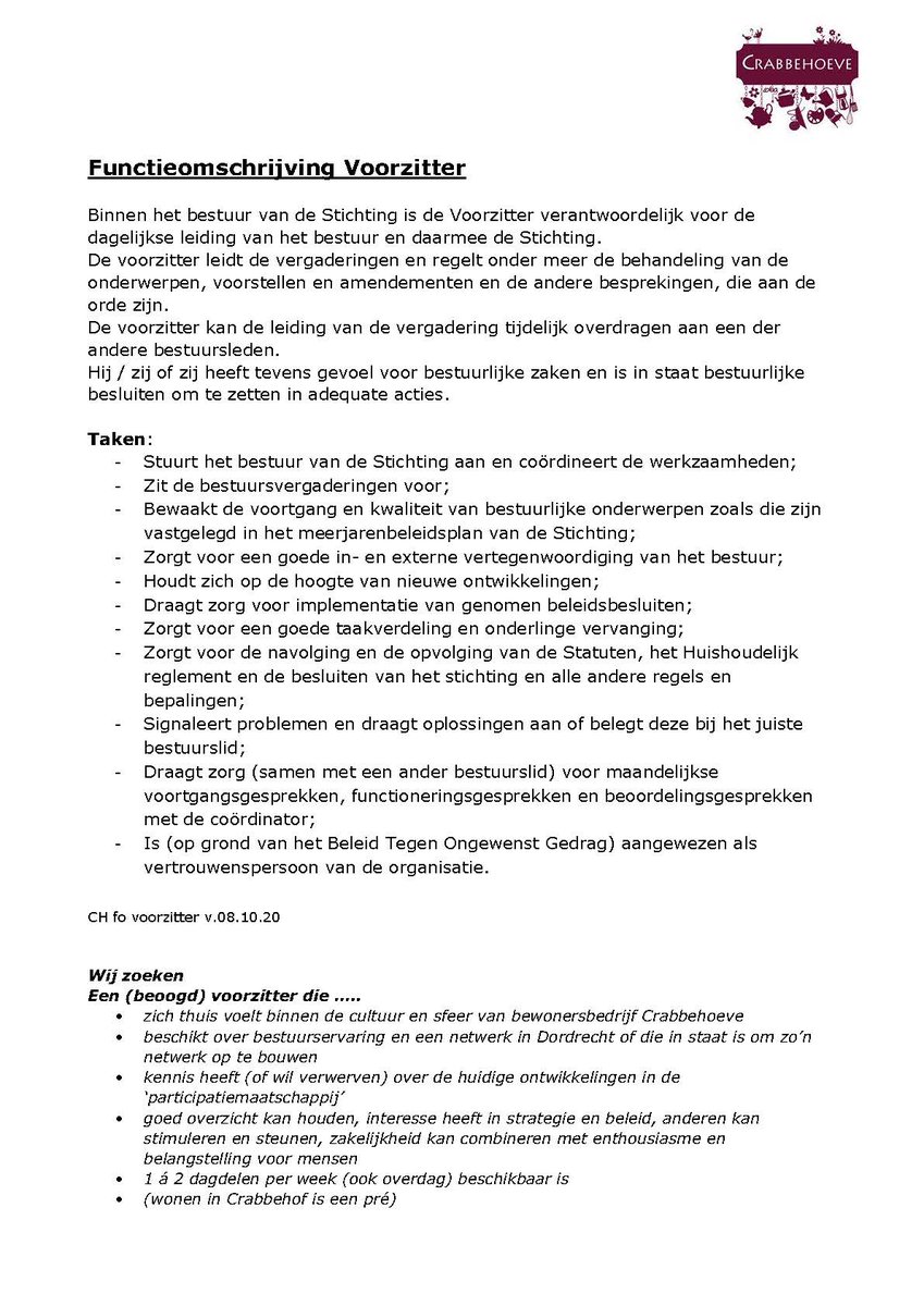 Wij de Stichting #Crabbehoeve zoeken
Een (beoogd) #voorzitter die …..
