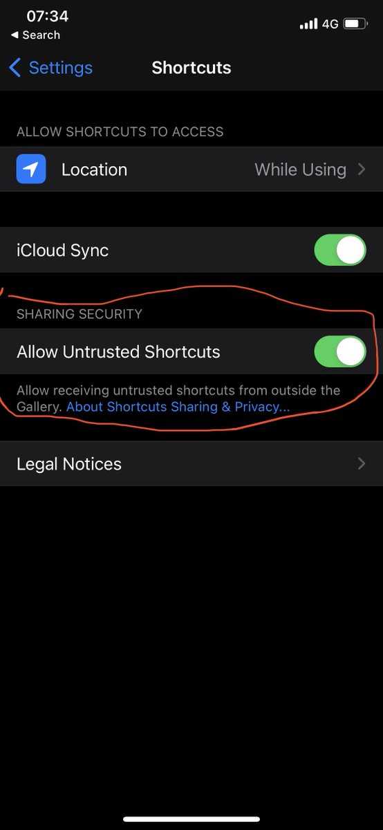 Step 2Go to settings > ShortcutsAllow untrusted Shortcuts￼￼