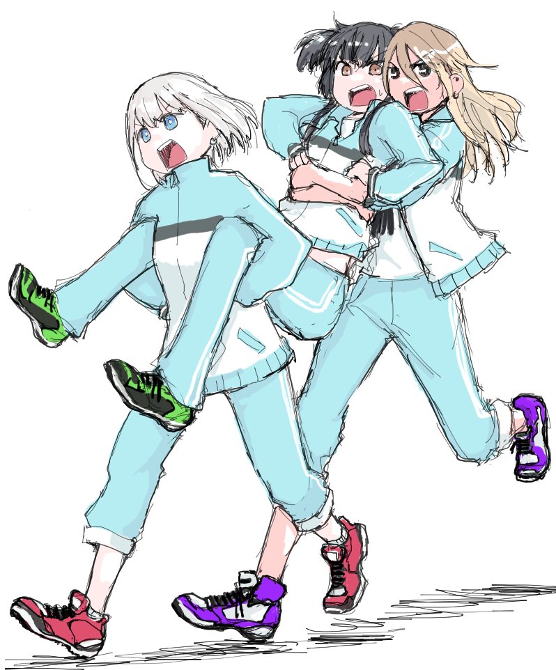 izumi mei ,mayuzumi fuyuko ,serizawa asahi multiple girls 3girls black hair sneakers pants shoes blue eyes  illustration images