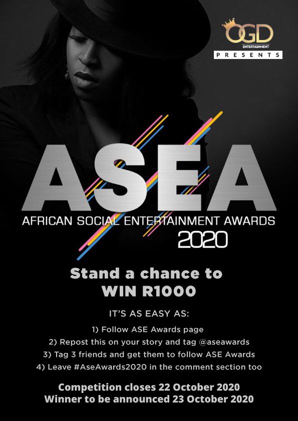 aseawards's tweet photo. Stand a chance to WIN R1000

It’s as easy as: 
1)Follow AseAwards on Instagram

2)Repost this on your story and tag @aseawards

3)Tag 3 friends and get them to follow Ase Awards

4)Leave #AseAwards2020 in the comment section too https://t.co/vaZIuxSX7U