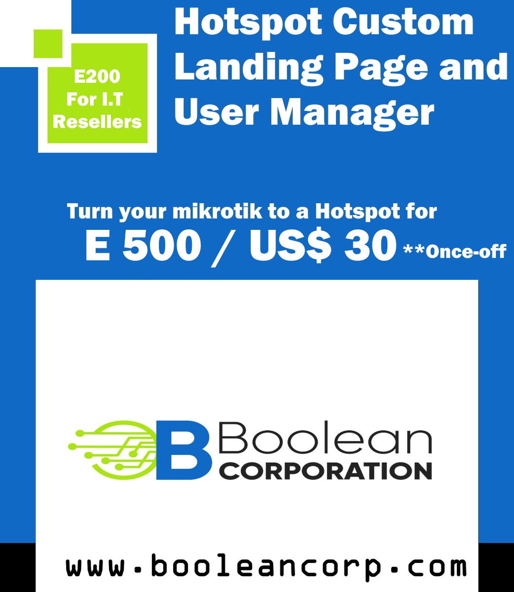 boolean_corp's tweet photo. Want a simple user manager to your home, business and hotel WiFi without purchasing complex hotspot system?
- server less
- manage users from mobile phone
-no license fee E500 once off
-I.T partners get it for E200 per site (60% profit!!) 
It's our way of giving back https://t.co/FbgwOc1SJL