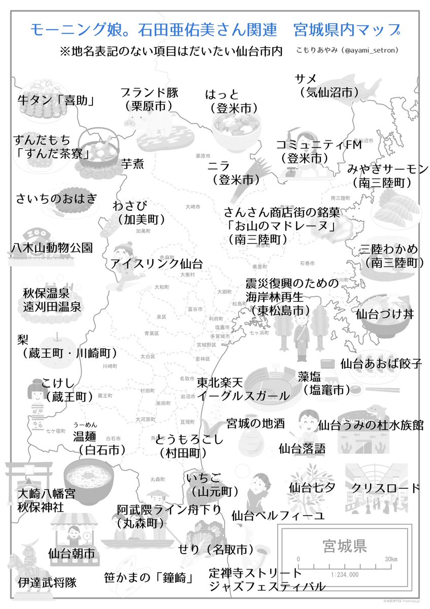 こもりあやみ モーニング娘 宮城県出身 石田亜佑美 さんの地元のお仕事をフリーの白地図と いらすとや で表したらこうなりました