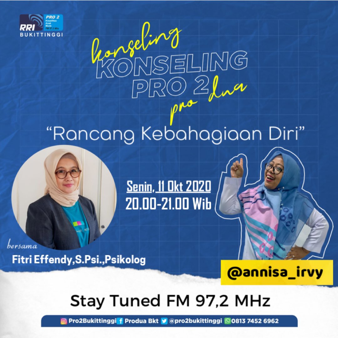 Kebahagiaan itu kita yang ciptakan. Jd sebisa mungkin mari kita rancang kebahagiaan diri sejak dini, agar hidup terasa lebih menyenangkan.
Yuk dengerin kita di PRO 2 Konseling..........
.
Kamu bise dengerin melalui @pro2bukittinggi FM 97,2 MHz,
#RRIBukittinggi #KonselingPro2