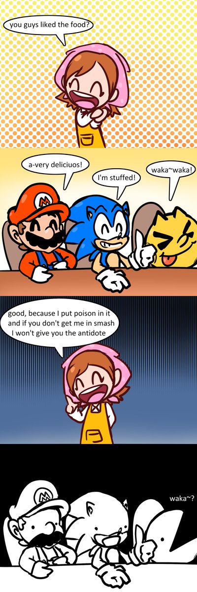 I found a comic from 2015 that I never uploaded.
it was when me and other friends wanted cooking mama as an april fools character in smash. I sure was naive?
#SuperSmashBros #old_art 