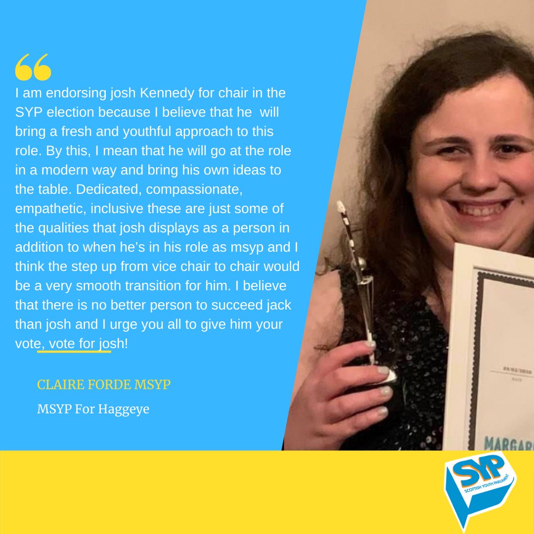JoshKen01's tweet photo. So pleased to have @ClaireFordeMSYP supporting me to become @OfficialSYP next Chair. She’s an incredibly hard-working MSYP! Read below why she’s going to #BackKennedy 🏴󠁧󠁢󠁳󠁣󠁴󠁿👇 https://t.co/FAtTUOKx59