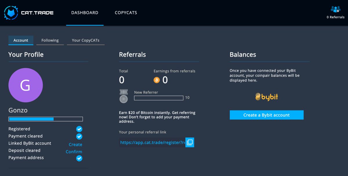 TradeMentorNL's tweet photo. Meet the backend UI of copyCAT. Here you can monitor your trading progress, check #bitcoin referral earnings, check follower earnings and shortlist your favourite strategies and view trading balances. https://t.co/eflbatgATo