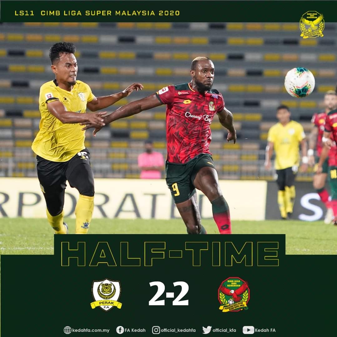 official_kfa's tweet photo. #LS11 #PRKKED #CIMBLigaSuper2020
Separuh masa pertama terikat 2-2 selepas Perak bangkit menyamakan kedudukan di babak akhir separuh masa pertama.
Perak FA 2-2 Kedah FA
โฝ 15' Tchetche Kipre KED
โฝ 31' Fadzrul Danel KED
โฝ 42' Leandro (P)PRK
โฝ 45' Leandro PRK
#KedahFA https://t.co/PbnOa4qfEP