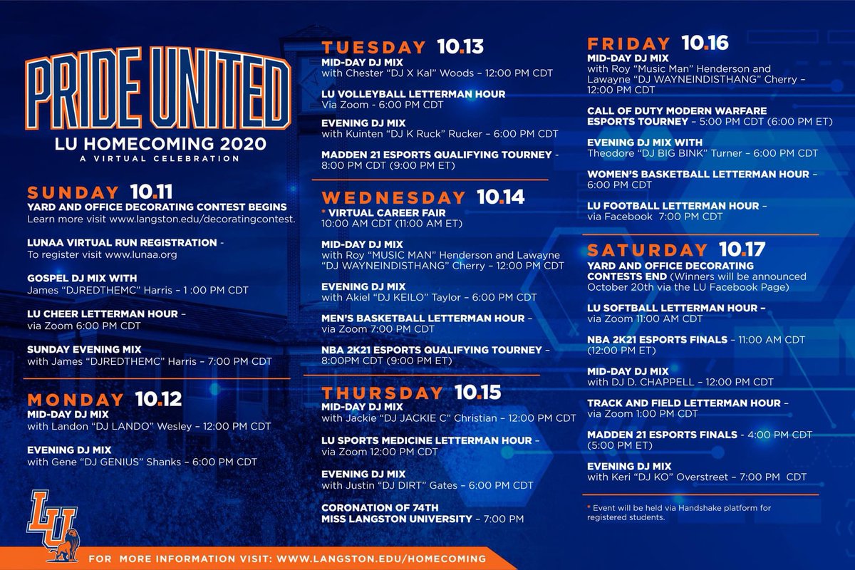 LangstonSports's tweet photo. Attention Lions! We are bringing the homecoming experience to you with our first ever #virtualcelebration! This year's theme is #PrideUnited! We want Lions everywhere to get involved, check out the full schedule of events! To learn more, visit https://t.co/t47EjwOGWi. #LUHC2020 https://t.co/pd0RWHaHRO