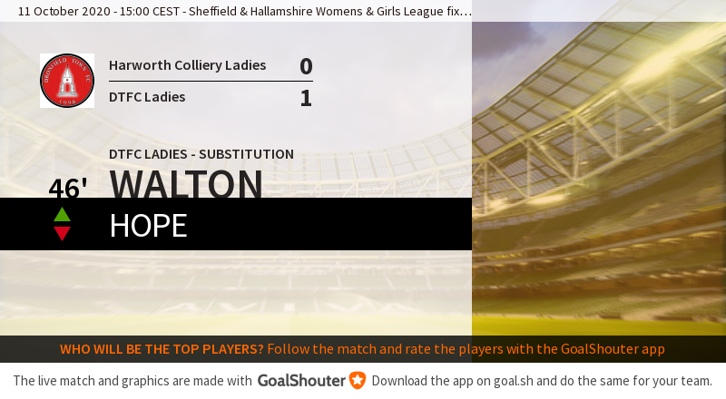 46' Harworth Colliery Ladies - Dronfield Town FC Ladies 0-1: Substitution for DTFC Ladies. Walton on Hope off. goal.sh/m/p0l7w222b