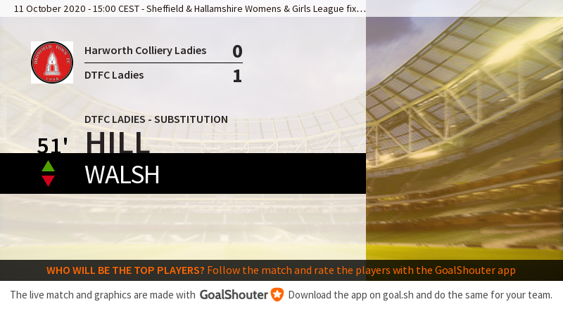 51' Harworth Colliery Ladies - Dronfield Town FC Ladies 0-1: Substitution for DTFC Ladies. Hill on Walsh off. goal.sh/m/p0l7w222b