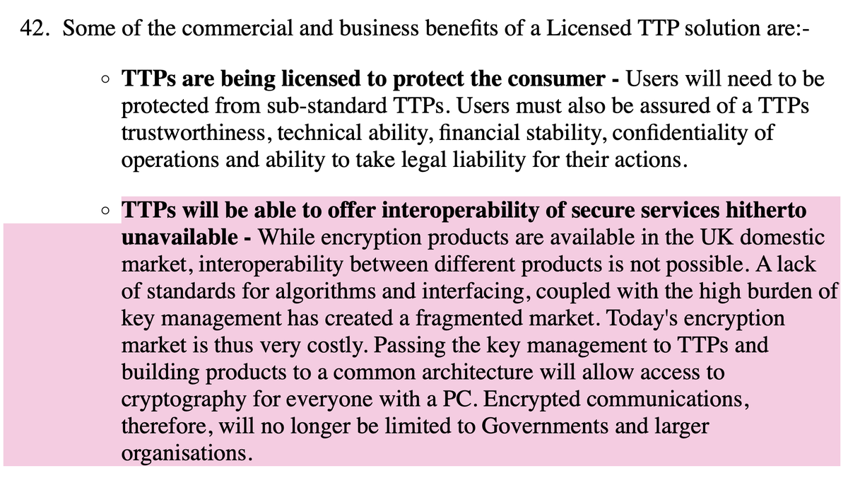 Back to 1997, and I predict that you can expect to see something like section 42 bullet 2 coming out of the EU fairly soon, as the anticapitalist privacy wonks double-down on "Your WhatsApp Message Should Be Forwardable to iMessage or SMS", calling for authorised middlemen: