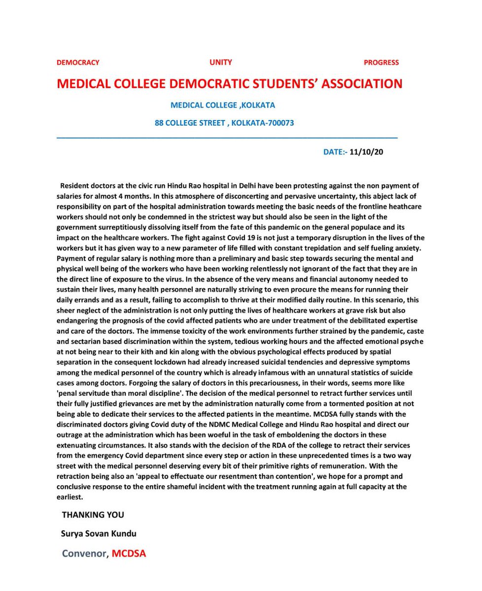 MCDSA1's tweet photo. Medical college Democratic Students' Association Stands with Residents of Hindu Rao Hospital, New Delhi.. 
#LongLiveDoctorsUnity

@MoHFW_INDIA 
 
@HMOIndia 
 
@ArvindKejriwal 
  
 @rao_cell 
 
@ANI 

@mckrda https://t.co/gfkXq1vHM5