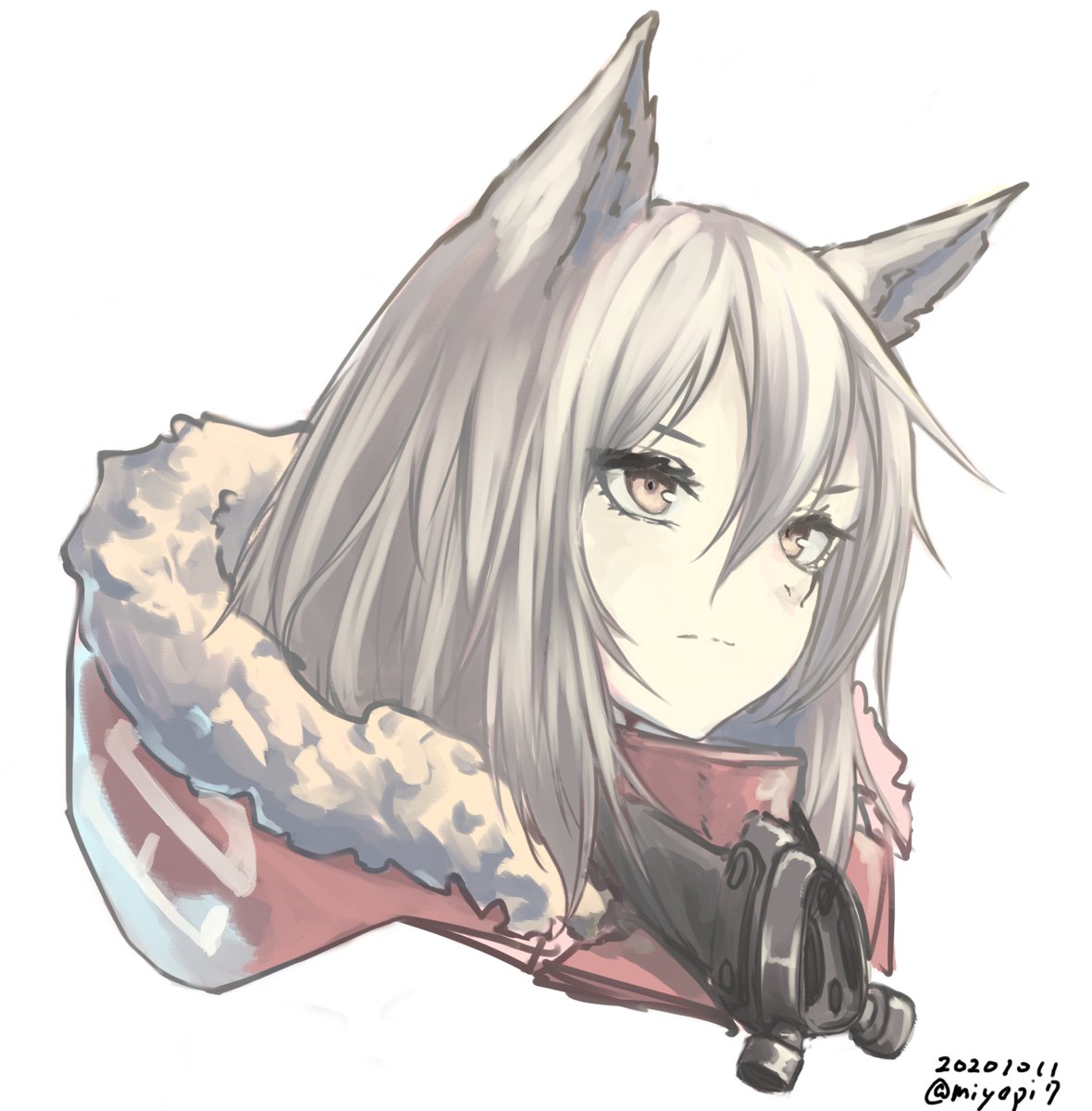 projekt red (arknights) 1girl solo animal ears wolf ears mask around neck white background fur trim  illustration images