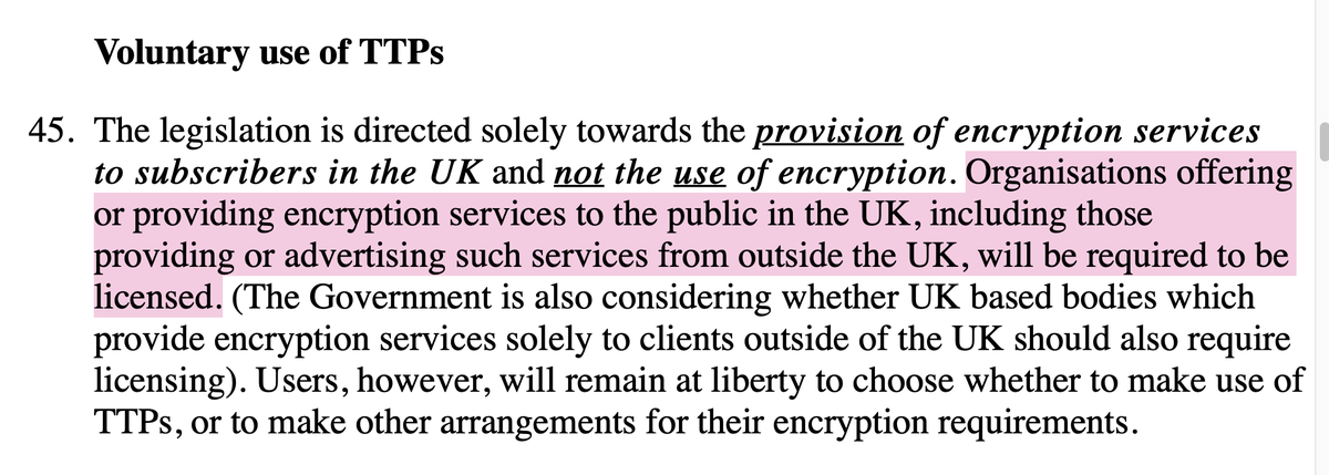2020: Licensed social networks, anyone?"Voluntary use of <services> … Organisations offering or providing encryption services to the public in the UK, including those providing or advertising such services from outside the UK, will be required to be licensed."