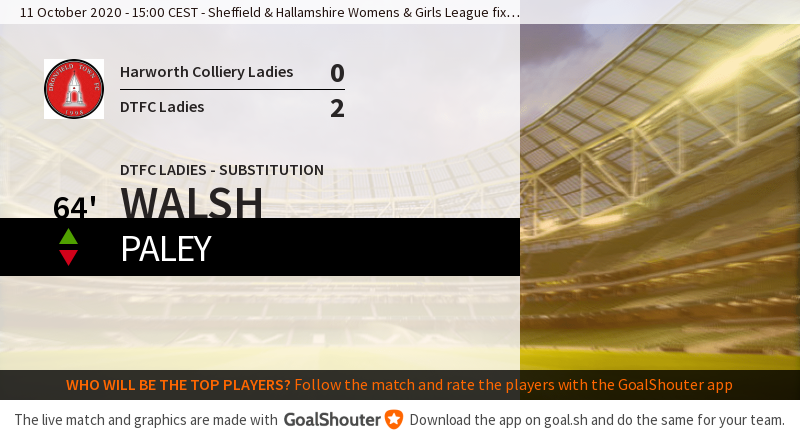64' Harworth Colliery Ladies - Dronfield Town FC Ladies 0-2: Substitution for DTFC Ladies. Walsh on Paley off. goal.sh/m/p0l7w222b