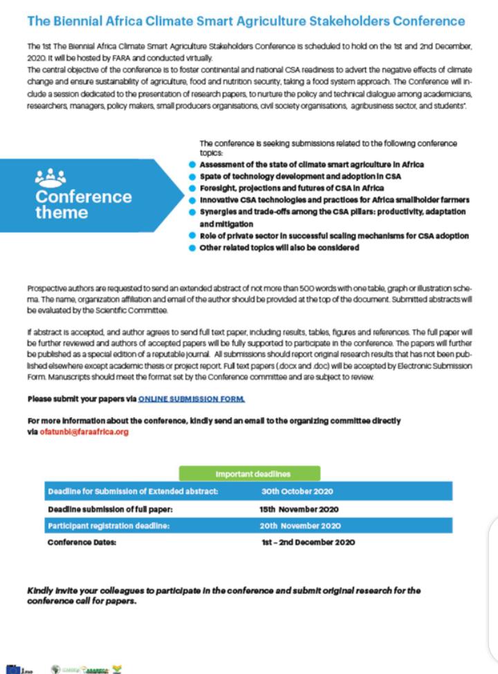 PhDinAfrica's tweet photo. 1/2 Submit abstracts and papers for the Biennial Africa Climate Smart Agriculture Stakeholders Conference, to hold virtually on 1 &amp; 2 December 2020. See attached image for conference theme, contact details and submission guidelines. @FARAinfo @DIretomiwa https://t.co/dZgypDmZbg