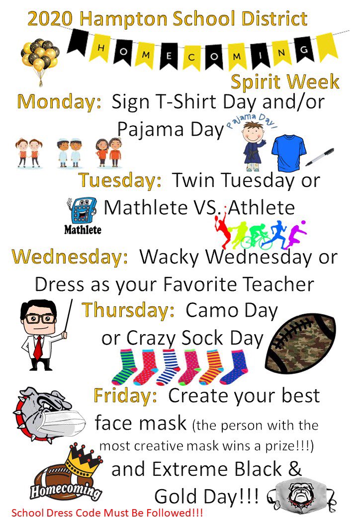 SchoolHampton's tweet photo. 2020 HHS Spirit Week starts tomorrow!!! https://t.co/ttBDmhiGcC