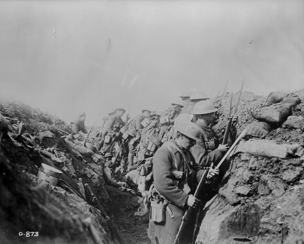 O-874 is used most often (this is usually what I mean by “Over the Top,” but really the title (to me) stands for any of the 4 images). O-873 (soldiers fixing bayonets) gets its share of use too. These photos are on the cover of SEVERAL  #FWW books, incl. on non-Canadian subjects.