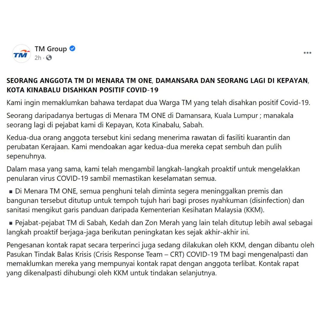 Tm Group On Twitter Two Tm Employees Tested Positive For Covid 19 One At Menara Tm One Damansara Another At Kepayan Kota Kinabalu Full News Https T Co Wuha4bupch Kitajagakita Kembaliteguh Https T Co Tiduf2o4r5
