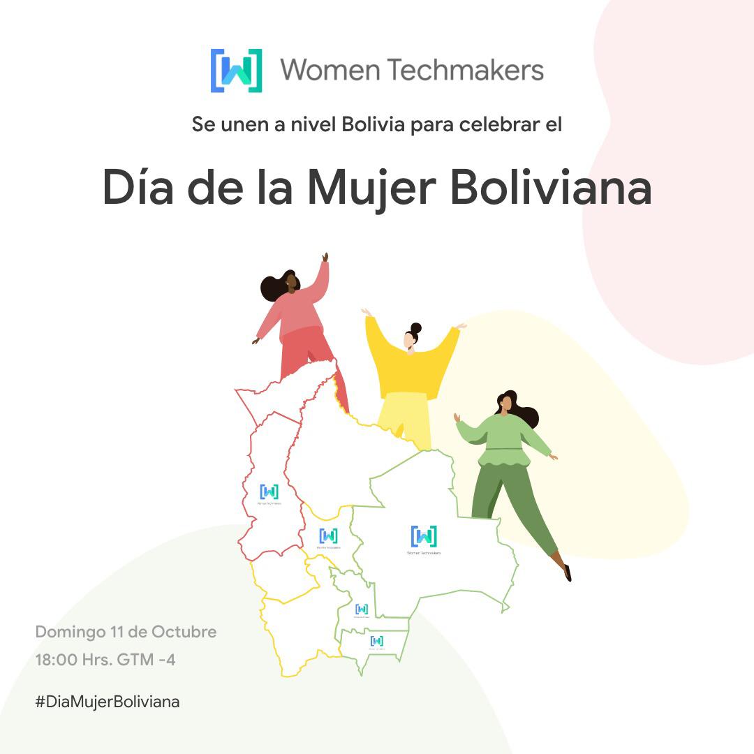 Se unen todas las Ambassador Women Techmakers de Bolivia, para celebrar en conjunto esta fecha.
Te invitamos al evento este  Domingo 11 de Octubre a las 18:00 GMT-4.
Link del evento : bit.ly/3iKSHZj

#DiaMujerBoliviana #WomenTechMaker #WTMCochabamba #GDGCochabamba