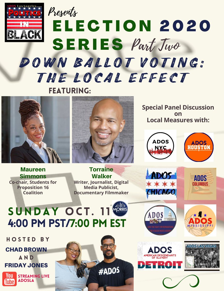 IAMFridayJones's tweet photo. #PoliticsInBlack
#Election2020 Part 2
Down Ballot Voting and Local Measures
Special Guests:
@TheMoChronicles @TorraineWalker
Featuring: @adosnyc @AdosHouston @Dos51788559 @adoscolumbus @AdosDmv @MississippiAdos @AdosVegas #ADOSDetroit https://t.co/CpO9gaPSNt