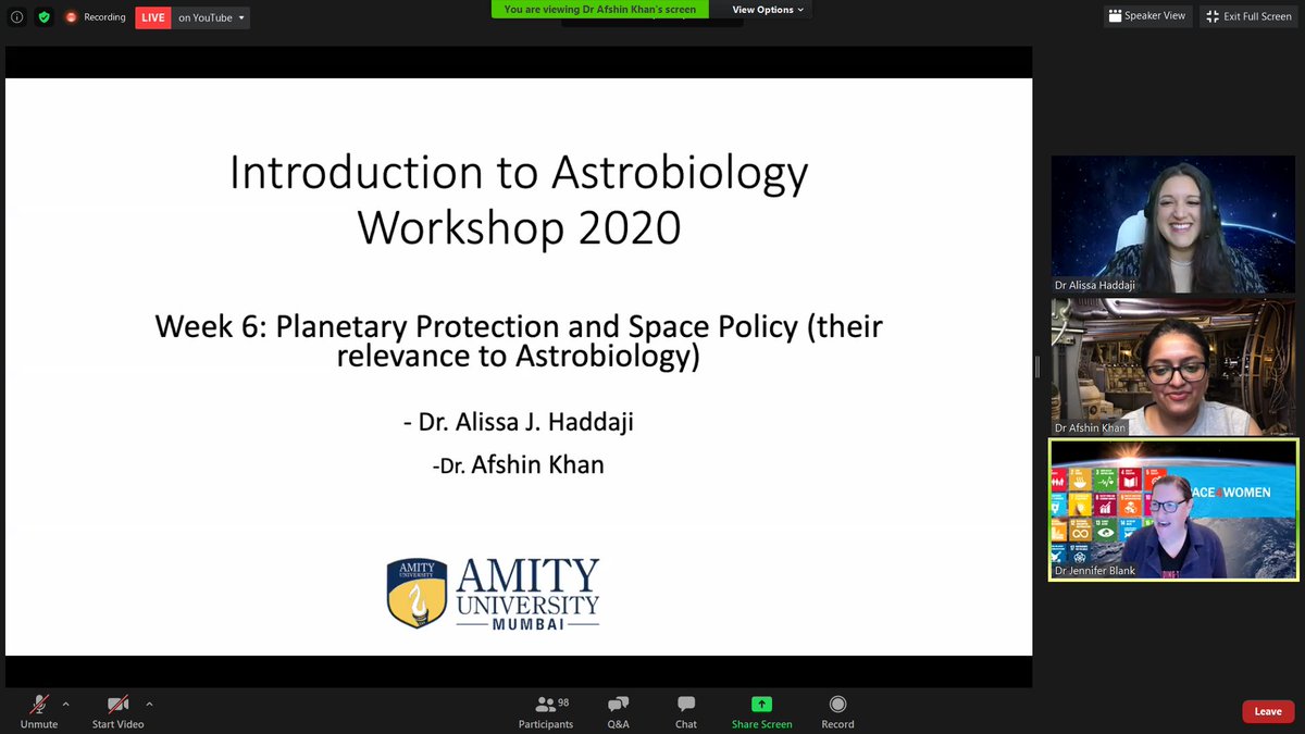 AmityAstrobio's tweet photo. Starting now!
Lecture 1 : Planetary Protection and Space Policy and its relevance with @Astrobiology.
Speakers : @AlissaHaddaji & @AfshinKahn
Link: https://t.co/jxvIvYNud2
#AmityAstrobio #scicomm https://t.co/RUe3RH9W5O