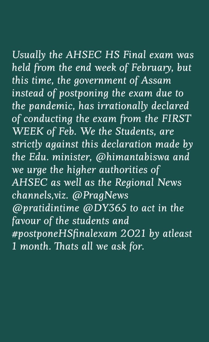 ChetriRupom's tweet photo. We, the students of AHSEC Board, are not at all satisfied with the decision of @himantabiswa regarding HS Final exam and strongly oppose the same. Instead we demand for #postponeHSfinalexam.
@pragnews @pratidintime @DY365 @guwahatiplus ,the student community needs your help! https://t.co/rSDKGNYt10