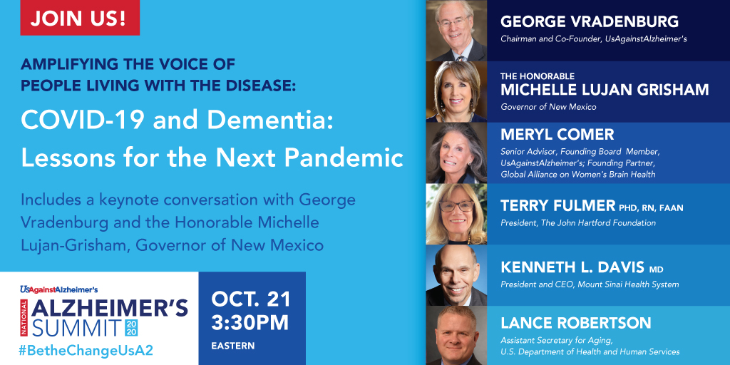 How can our nation build resiliency against future pandemics to protect the dementia community? Learn about the impact of #COVID19 on the #Alz community w/ <a href="/vradenburg3/">George Vradenburg</a> <a href="/GovMLG/">Governor Michelle Lujan Grisham</a> <a href="/MerylComer/">MerylComer</a> Kenneth L. Davis <a href="/johnahartford/">The John A. Hartford Foundation</a> &amp; <a href="/LanceARobertson/">Lance A Robertson</a> #BetheChangeUsA2 usa2summit.org