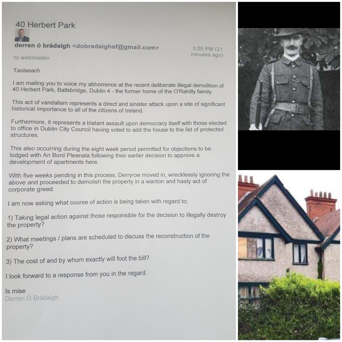 DerrenOBradaigh's tweet image. The O&apos;Rahilly Home

Today, I wrote a letter of complaint to An Taoiseach @MichealMartinTD &amp;amp; I will be writing the Minister with responsibility for heritage also regarding the illegal demolition of 40 Herbert Park #ProtectedStructure #HistoryandCulture