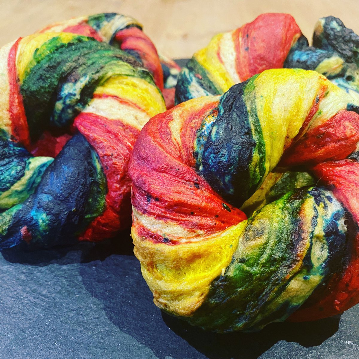 My first attempt at the controversial #rainbowbagels #GBBO #bakeoff