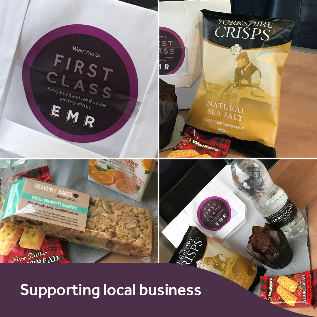 EastMidRailway's tweet photo. We're proud to serve our communities. And during these times, it's more important than ever to support local businesses. 
We've teamed up with Wellingborough based @BHevenly and Sheffield's @YorkshireCrisps to offer not only delicious produce but a lower carbon footprint too! https://t.co/UFsP6FbvKX