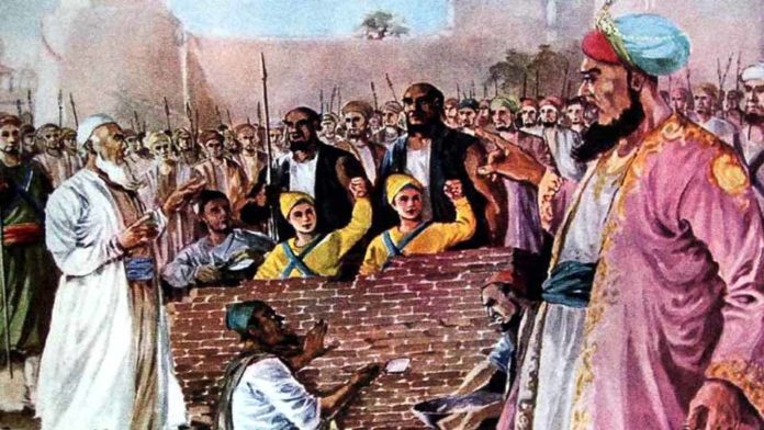 Fateh was martyred at the age of six on Sirhind Fatehghar, December 12, 1705 CE, the 13th day of the month of Poh, SV year 1762. Fateh Singh and his brother survived being bricked up alive, but then the order was given for them to be beheaded.