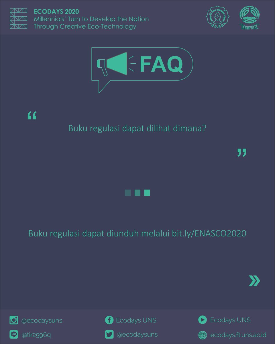 EcodaysUNS's tweet photo. [FREQUENTLY ASKED QUESTIONS]

Masih bertanya-tanya seputar ENASCO?

Temukan beberapa informasi mengenai ENASCO yang paling banyak ditanyakan

#ECODAYS2020 #EBICO #ENASCO..https://t.co/wiTKQqYRWe https://t.co/4gHoqqxpeq