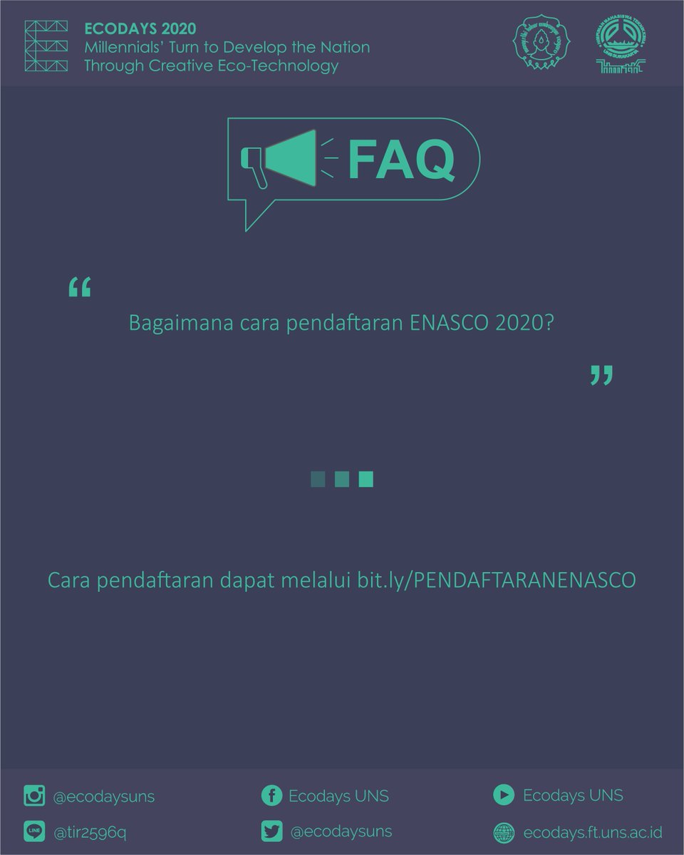 EcodaysUNS's tweet photo. [FREQUENTLY ASKED QUESTIONS]

Masih bertanya-tanya seputar ENASCO?

Temukan beberapa informasi mengenai ENASCO yang paling banyak ditanyakan

#ECODAYS2020 #EBICO #ENASCO..https://t.co/wiTKQqYRWe https://t.co/4gHoqqxpeq
