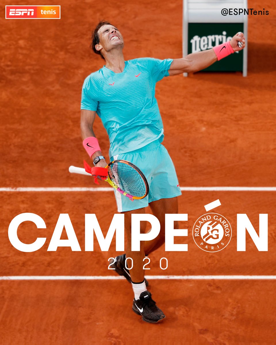 ESPNtenis's tweet photo. ¡13 EN PARÍS, 20 EN GRAND SLAMS! 🏆🇪🇸
 
Rafael Nadal volvió a hacer historia al vencer 6-0, 6-2 y 7-5 a Novak Djokovic en la final de #RolandGarros e igualó la marca de Roger Federer en Majors por primera vez en su carrera. ✨
 
#RGxESPN https://t.co/ImEB7V83QO